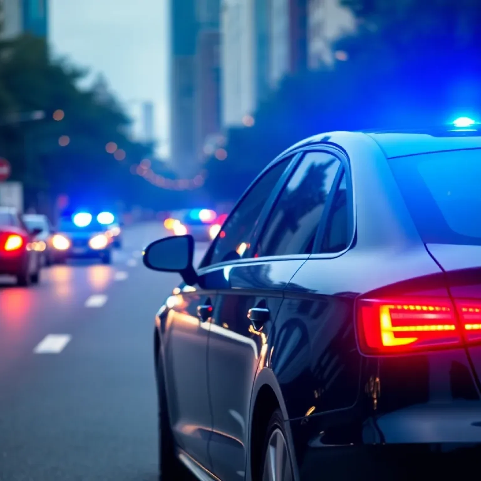 Black Audi A3 on a city road with police lights
