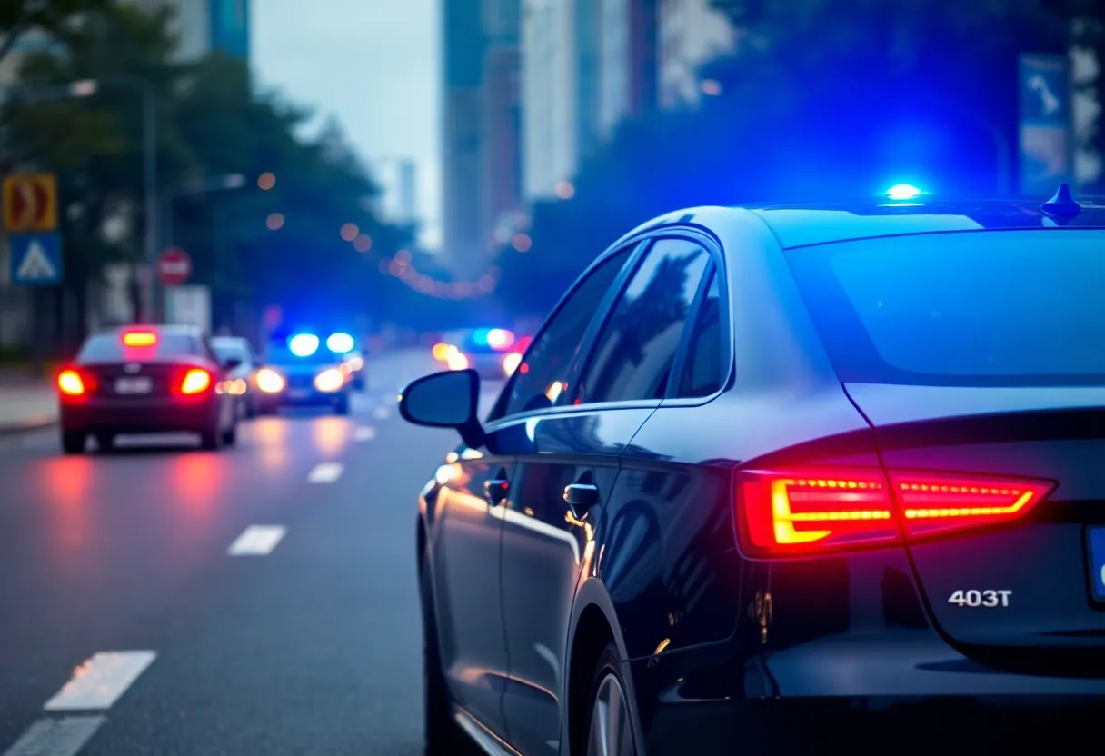 Black Audi A3 on a city road with police lights