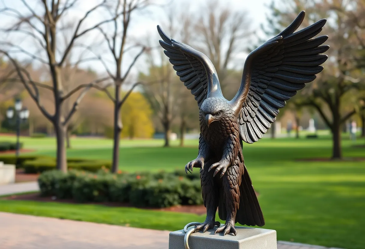 Bronze eagle statue symbolizing estranged memories and loss.