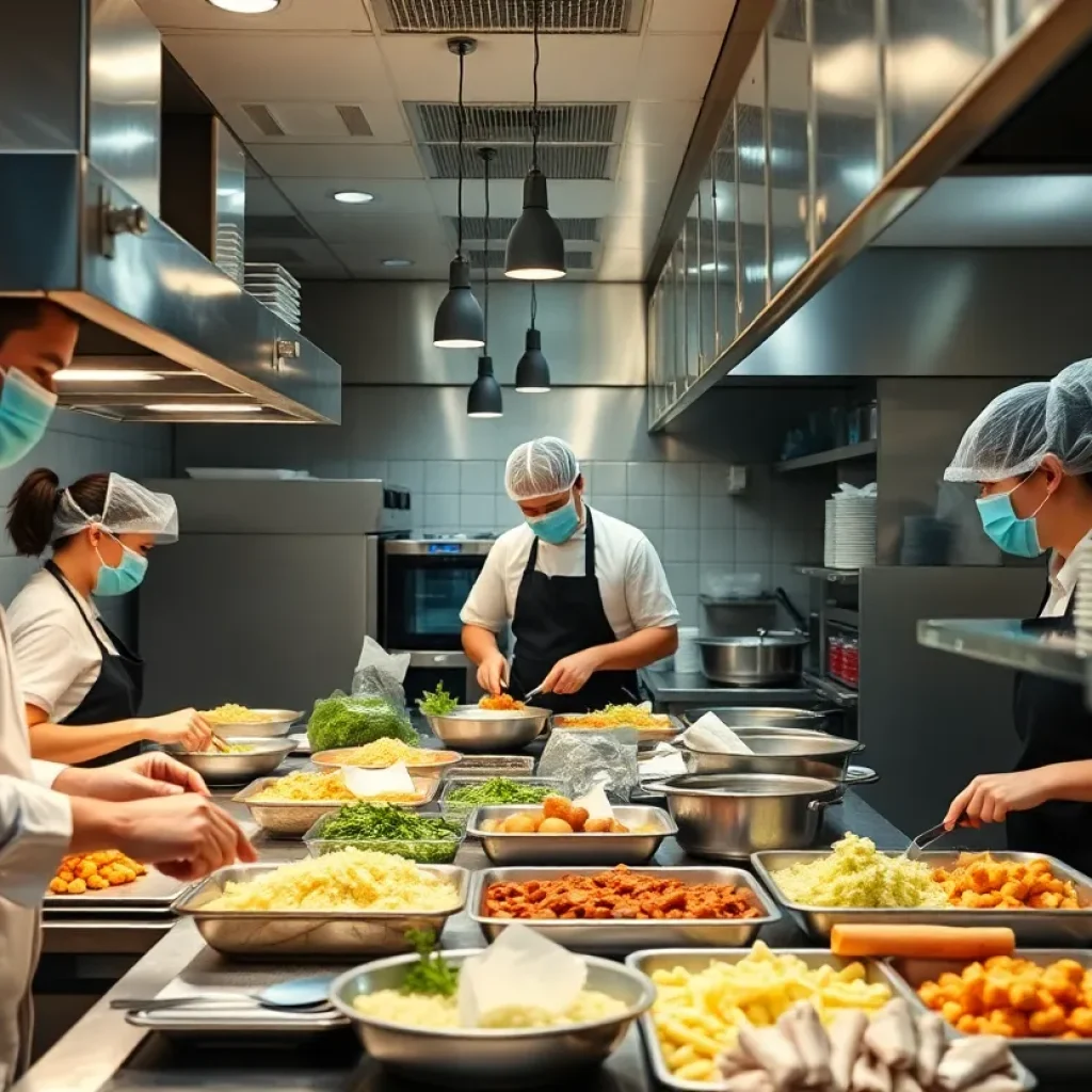 Clean restaurant kitchen with staff following food safety regulations