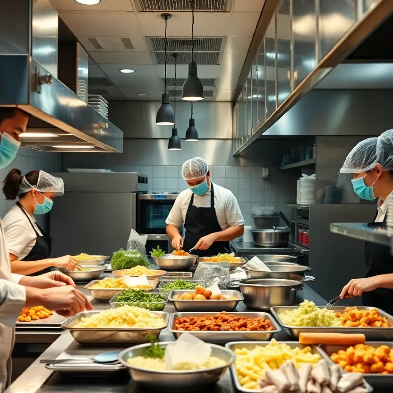 Clean restaurant kitchen with staff following food safety regulations