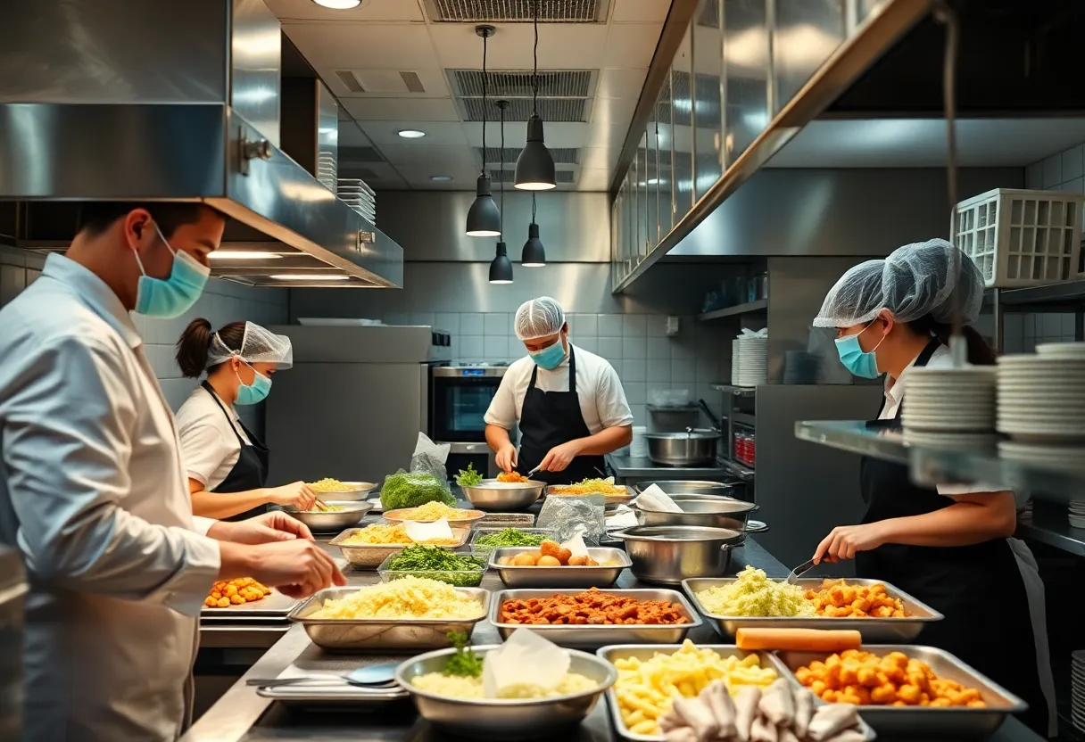 Clean restaurant kitchen with staff following food safety regulations