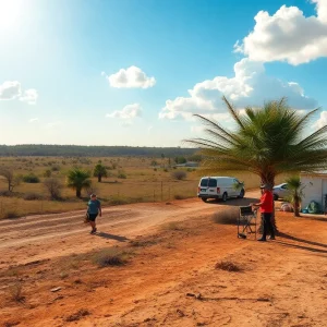 A landscape view of Central Florida during a heatwave with individuals seeking shade and hydration.