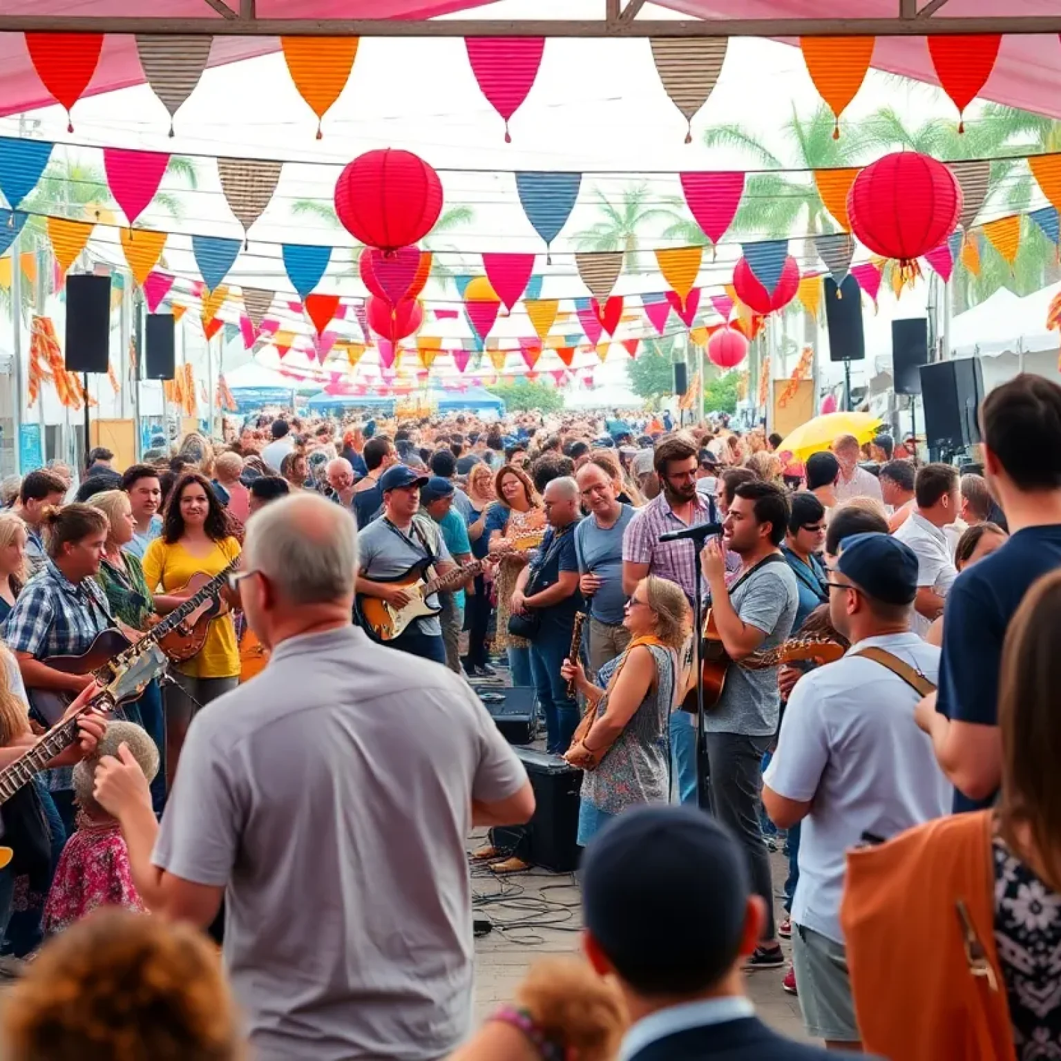 A lively scene from the Central Florida Music Festival showcasing musicians performing on stage.
