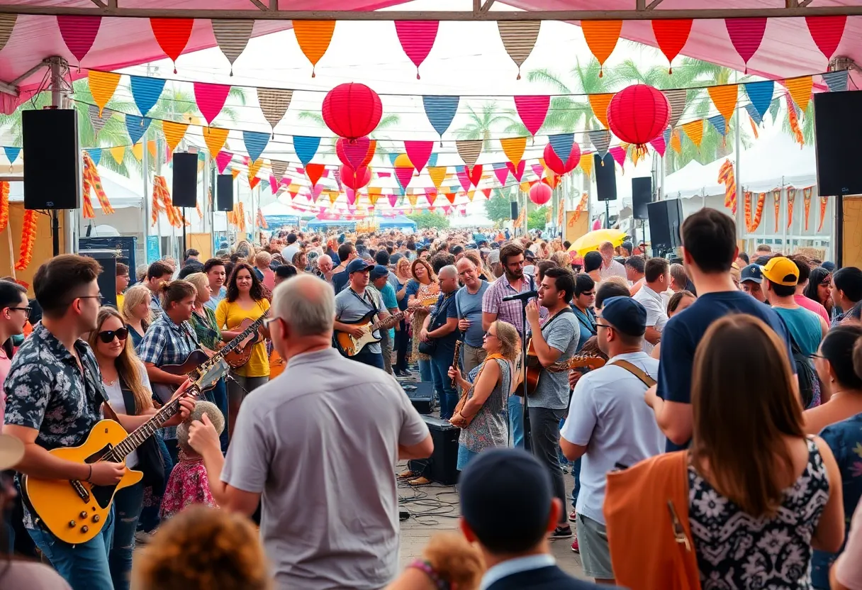 A lively scene from the Central Florida Music Festival showcasing musicians performing on stage.