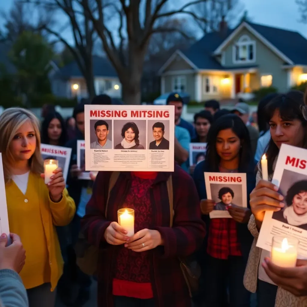 Community members gather with flyers in support of missing teens.