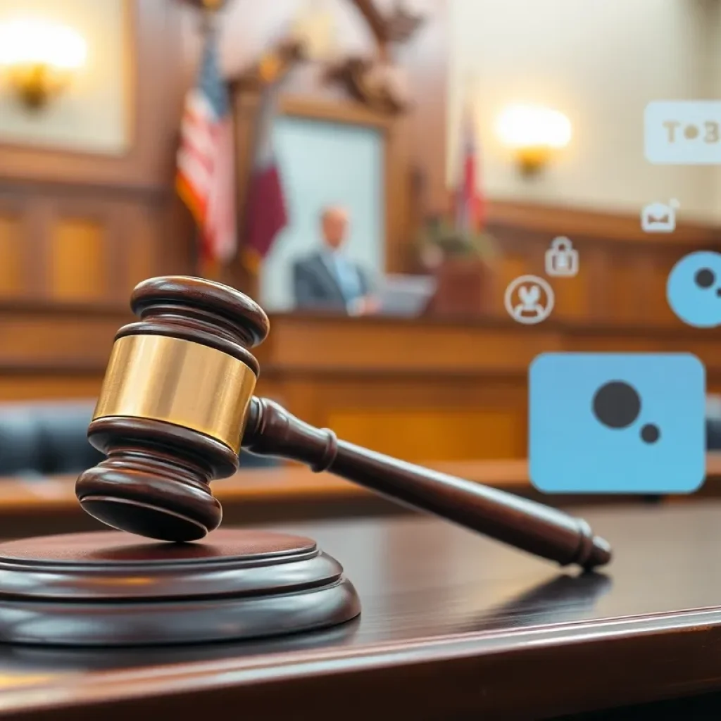 Courtroom scene depicting legal proceedings concerning AI technology.