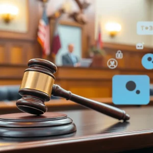 Courtroom scene depicting legal proceedings concerning AI technology.