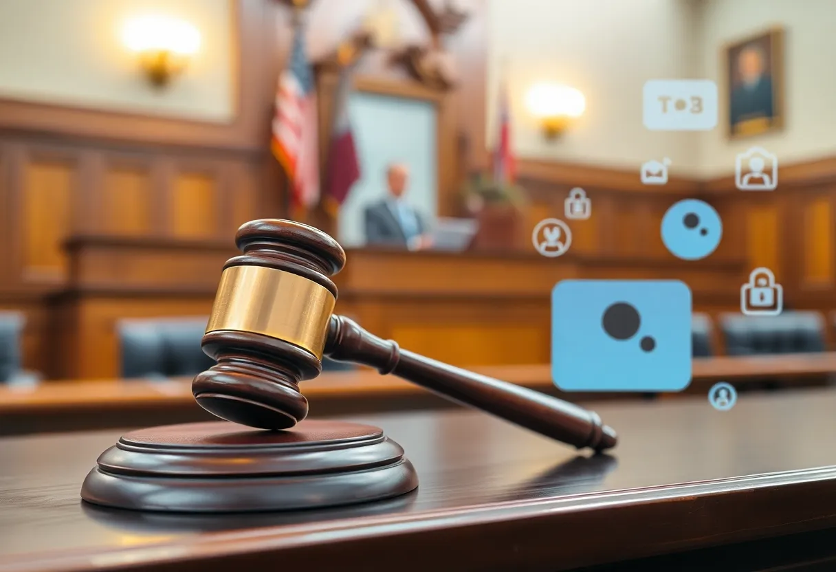 Courtroom scene depicting legal proceedings concerning AI technology.