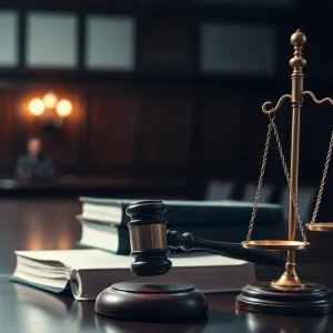 A courtroom scene with a gavel and scales of justice