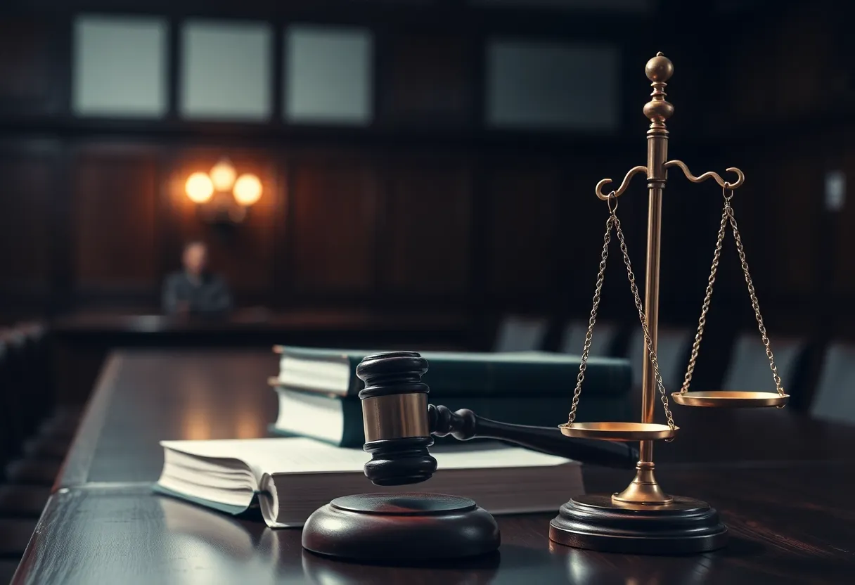A courtroom scene with a gavel and scales of justice