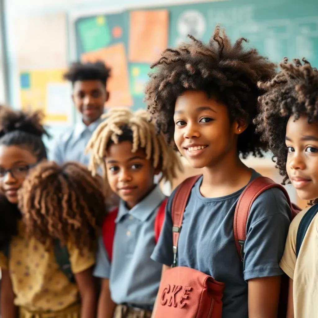 Students in a school setting with diverse natural hairstyles.