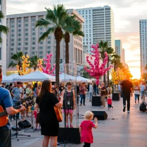 Street performers in downtown Orlando engaging an audience during a DTO Live event.