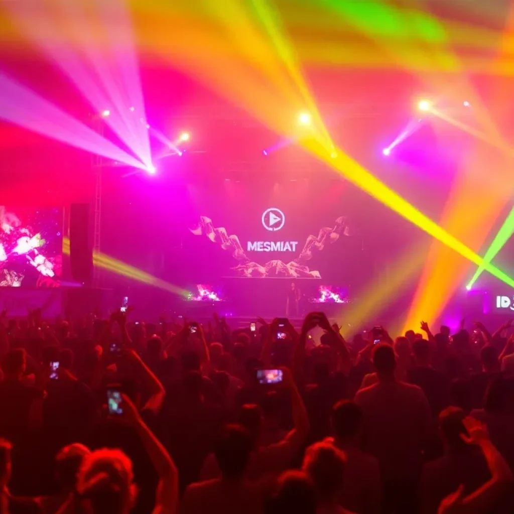 Crowds enjoying the Electric Daisy Carnival festival with colorful lighting and DJ performances.
