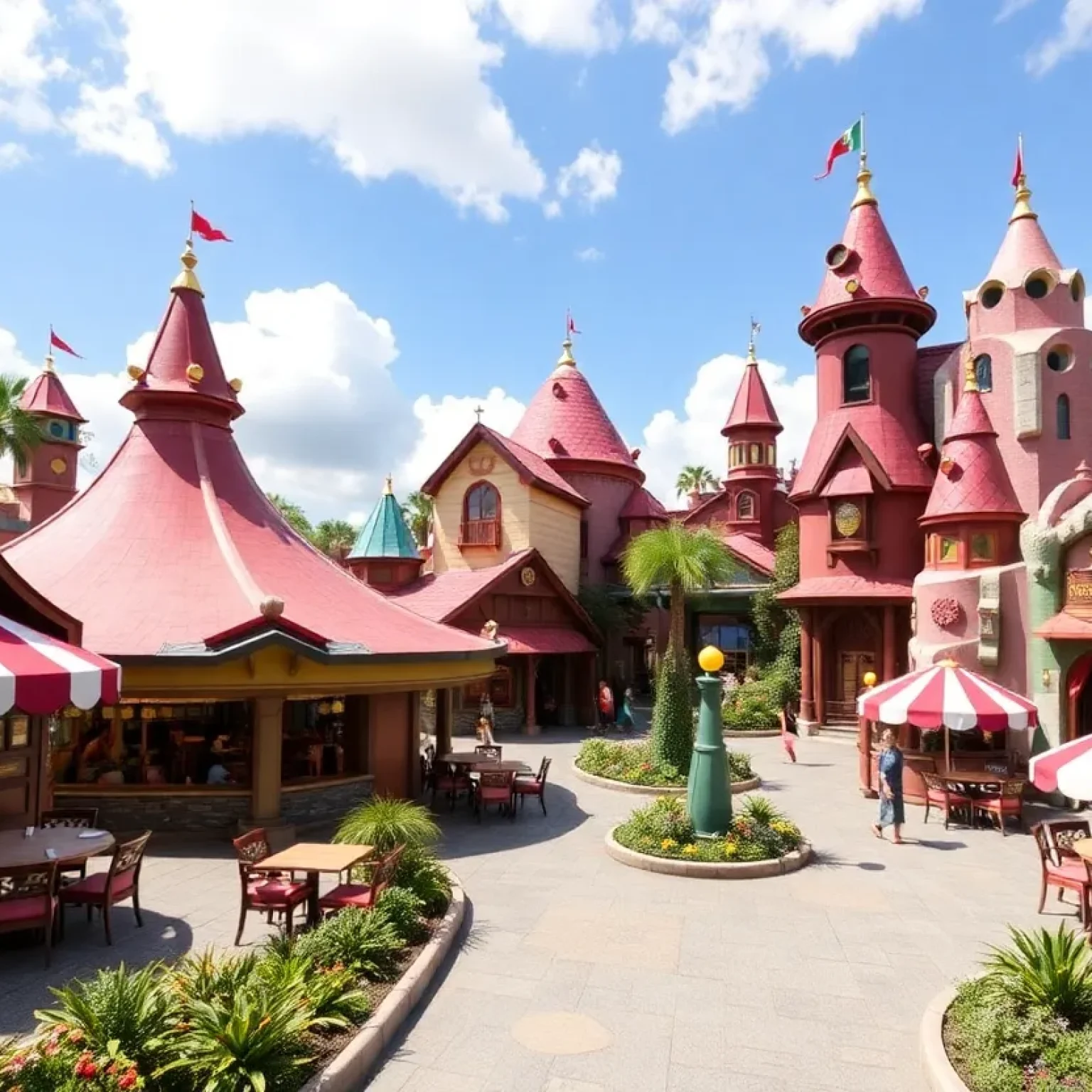 An overview of Epic Universe theme park with colorful dining options.
