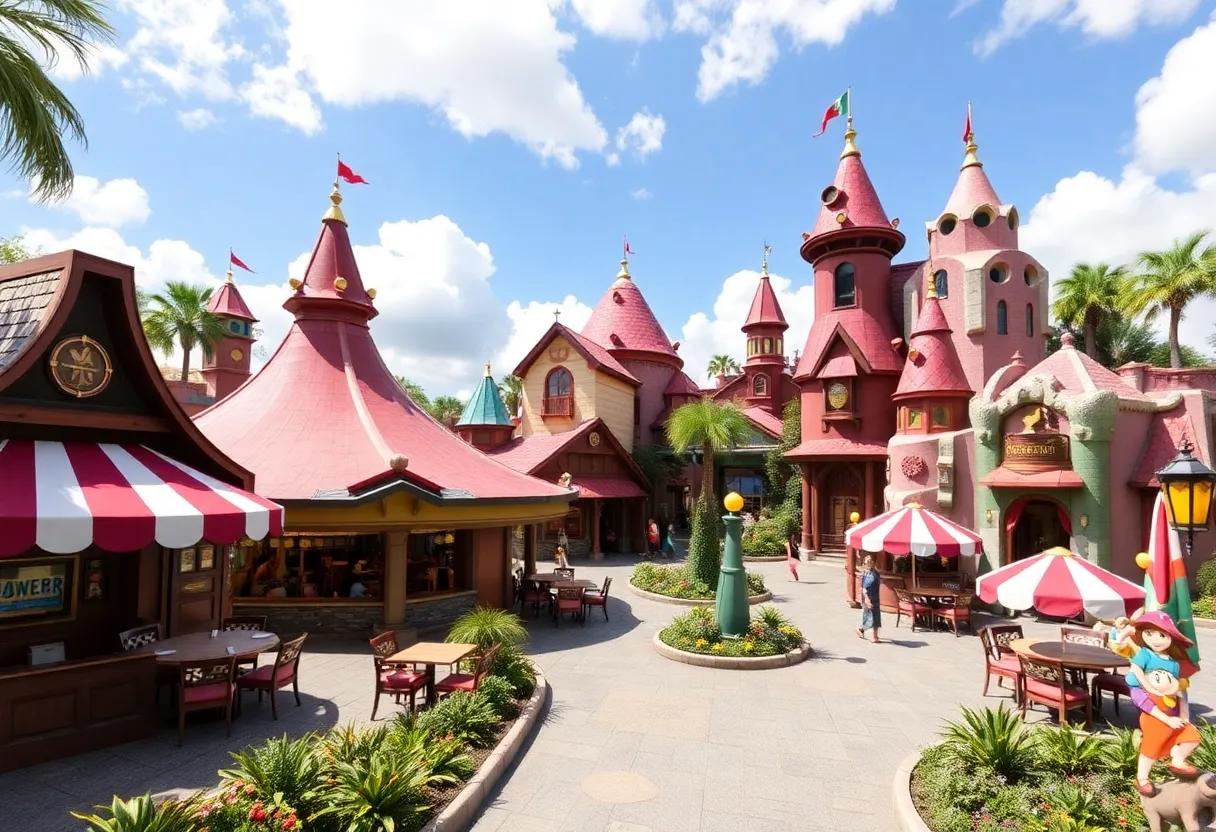 An overview of Epic Universe theme park with colorful dining options.