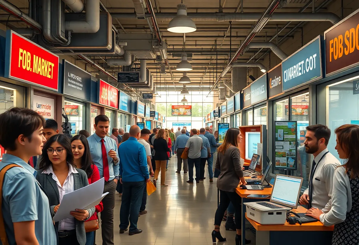 A vibrant scene illustrating Florida's job market with diverse professionals at work.