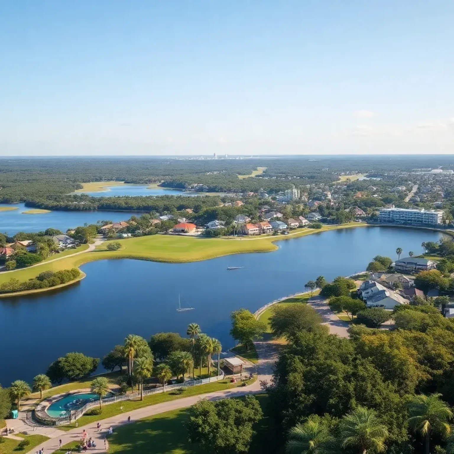 Landscape view of a Florida city with lakes and hills