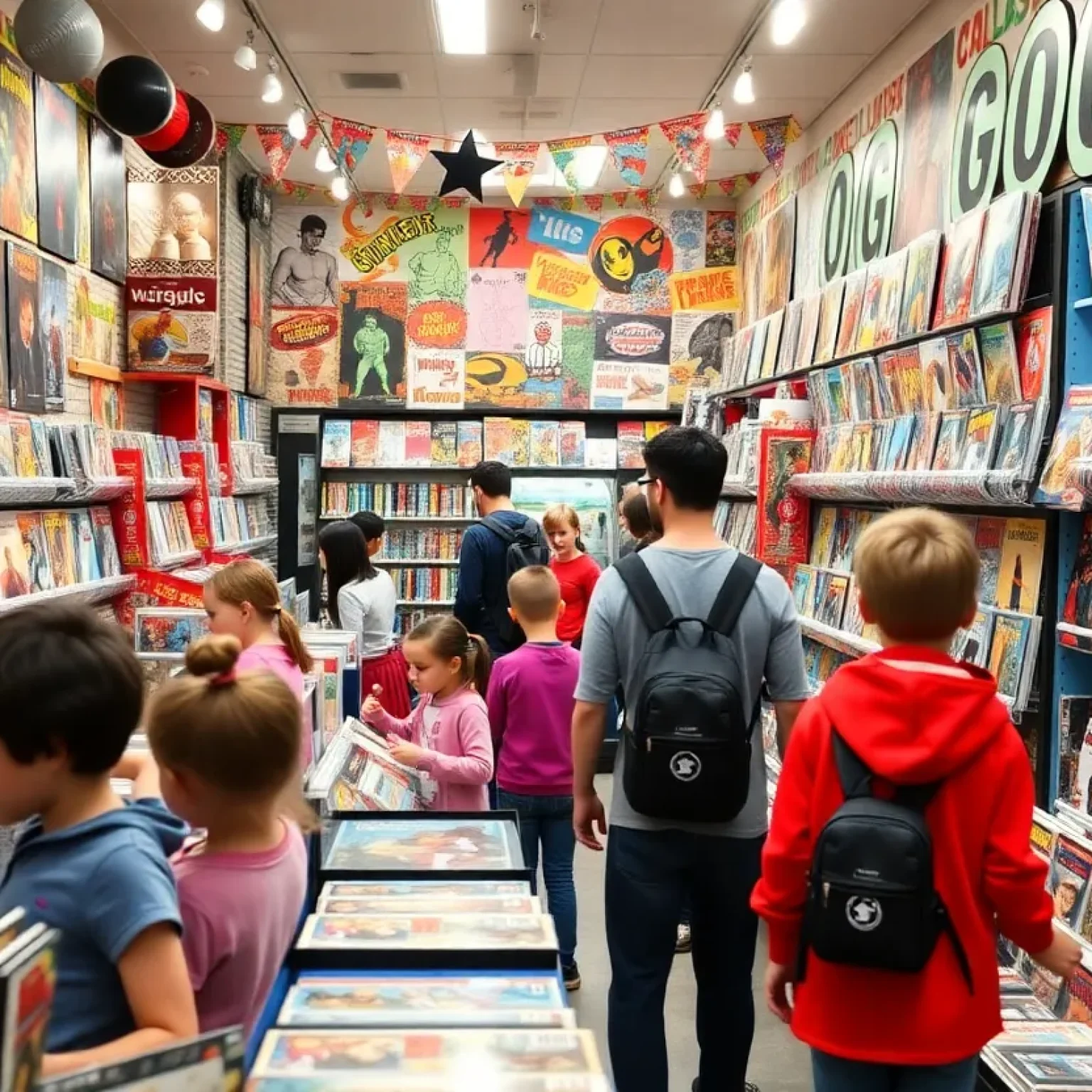 Families enjoying Free Comic Book Day at a comic book store