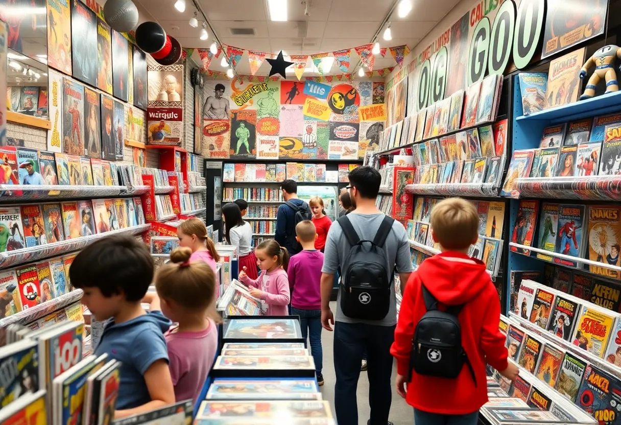 Families enjoying Free Comic Book Day at a comic book store
