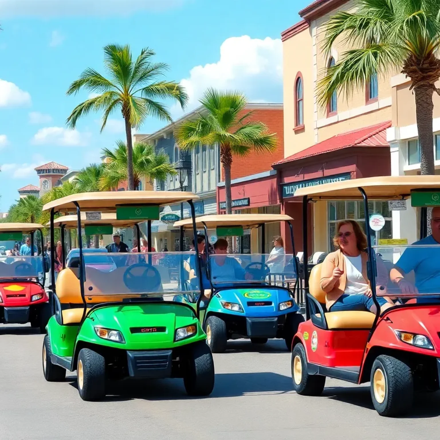 Colorful golf carts in Sanford, Florida, illustrating eco-friendly travel