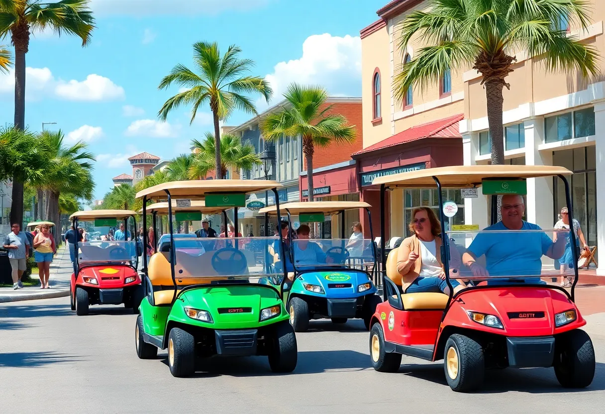 Colorful golf carts in Sanford, Florida, illustrating eco-friendly travel