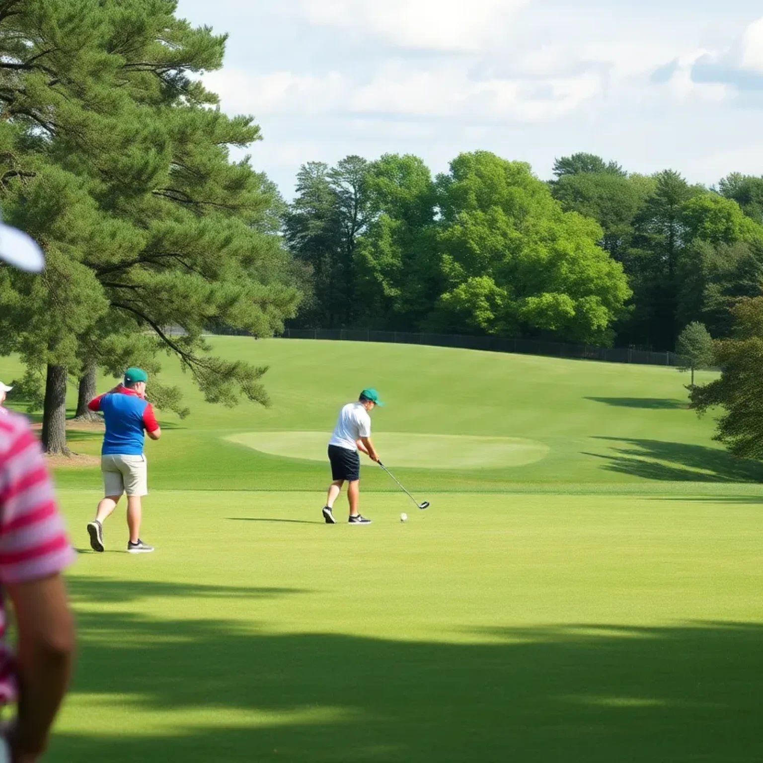 Young golfers practicing on a sunny golf course