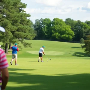 Young golfers practicing on a sunny golf course