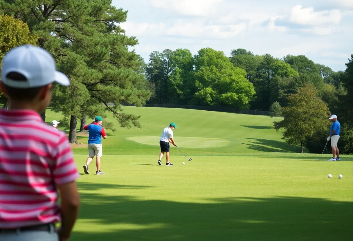 Young golfers practicing on a sunny golf course