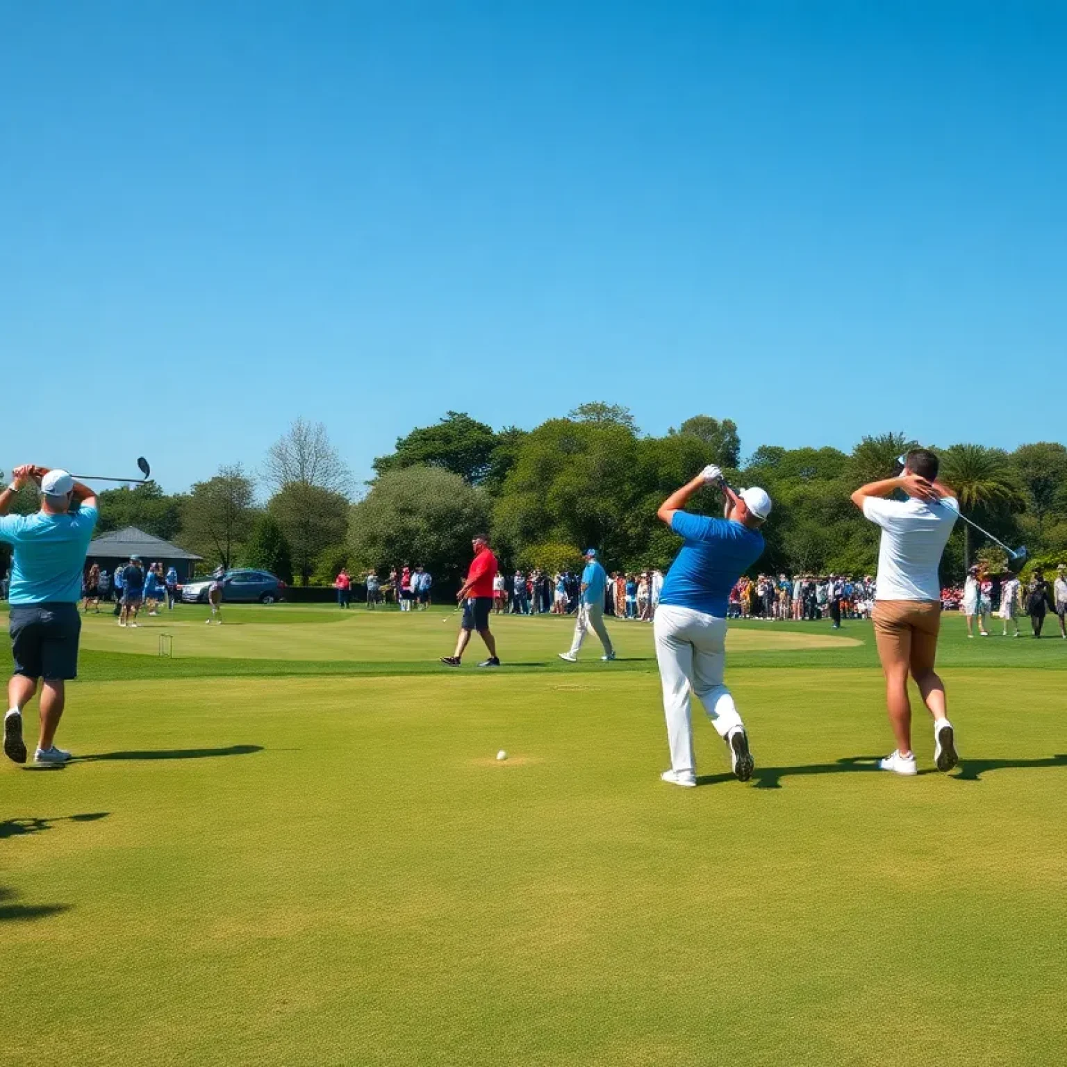 Golfers practicing at a scenic course during the A-10 Championship.