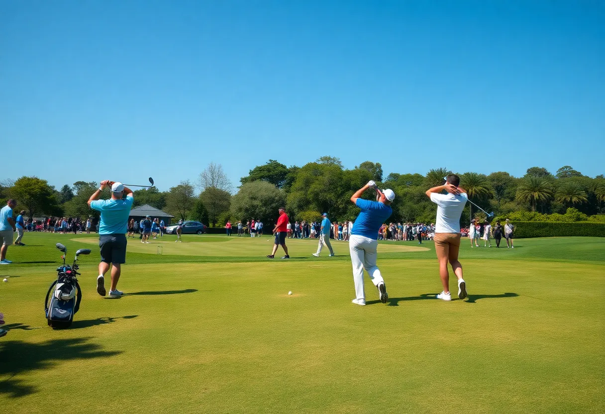 Golfers practicing at a scenic course during the A-10 Championship.