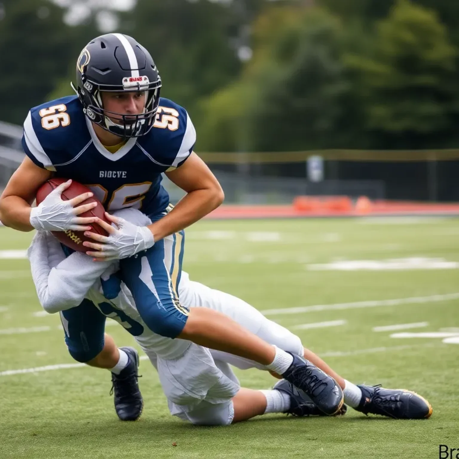 Linebacker tackling an opponent during a high school football game
