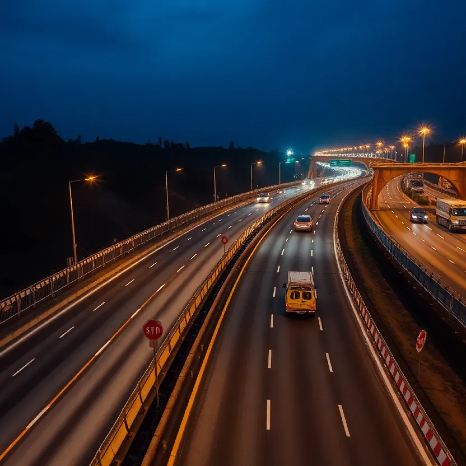 Overnight construction on I-4 highway with barriers and construction signs