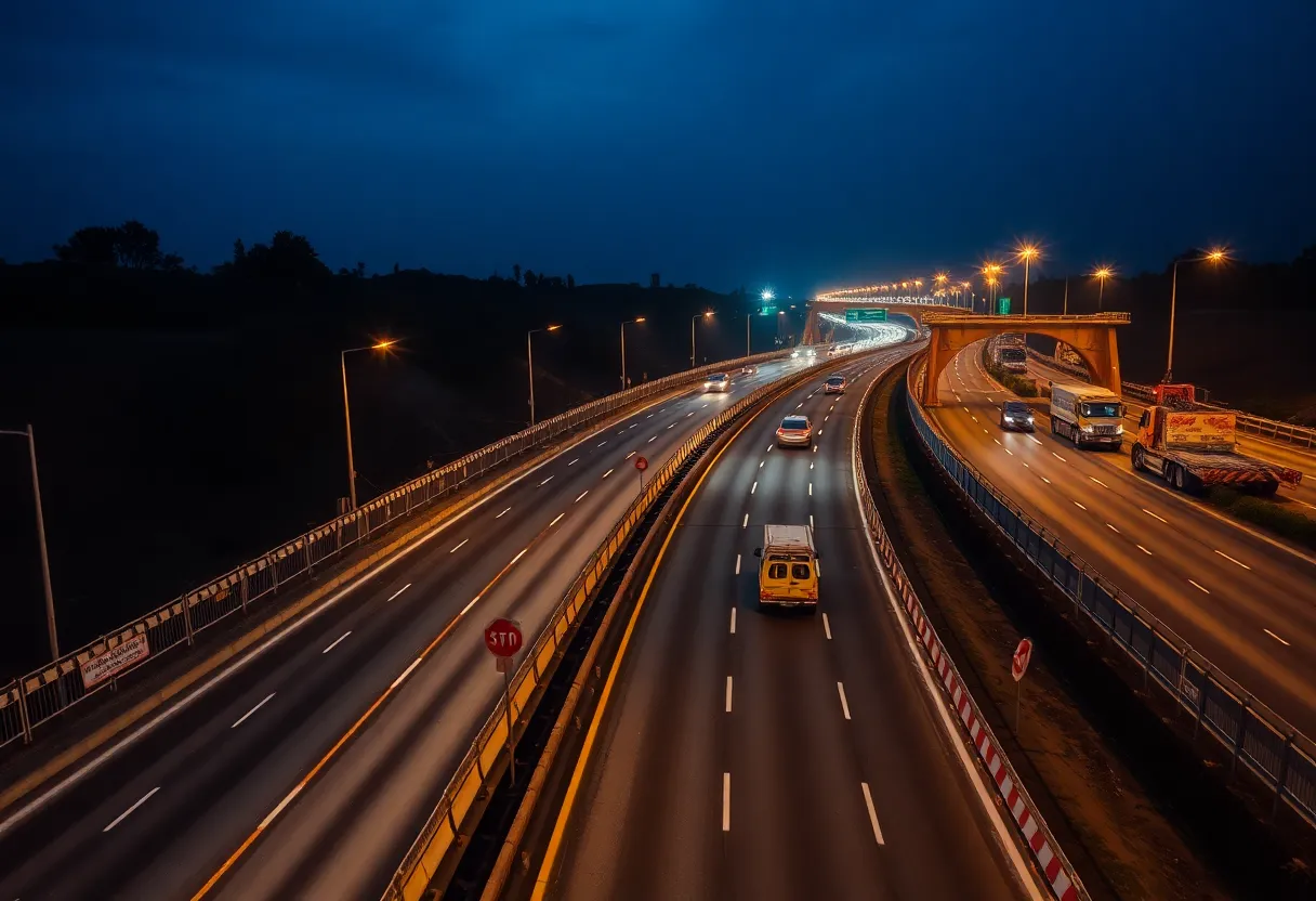 Overnight construction on I-4 highway with barriers and construction signs