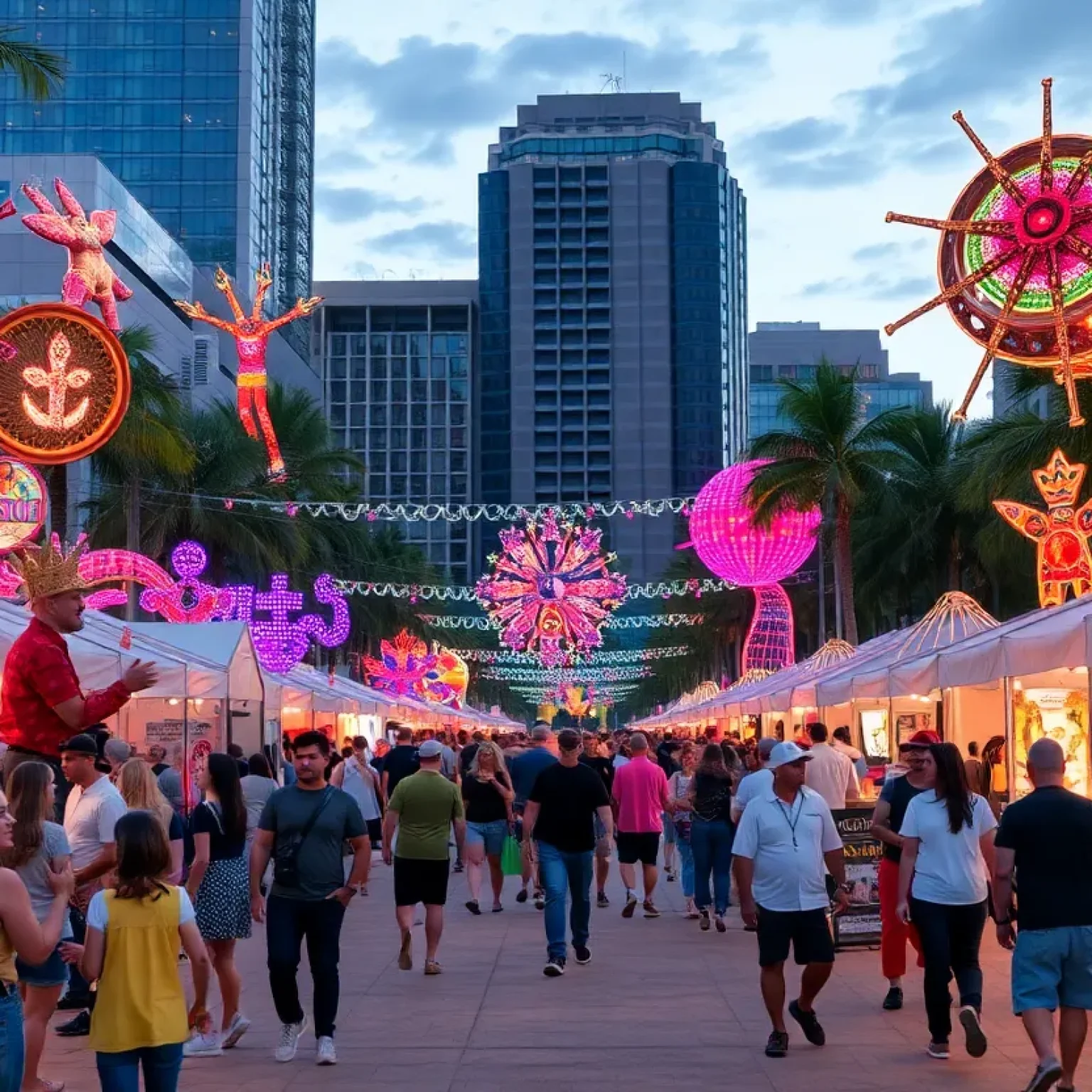 Vibrant scene from the Immerse Festival in Downtown Orlando with performers and art installations.