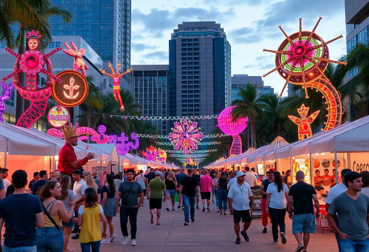 Vibrant scene from the Immerse Festival in Downtown Orlando with performers and art installations.
