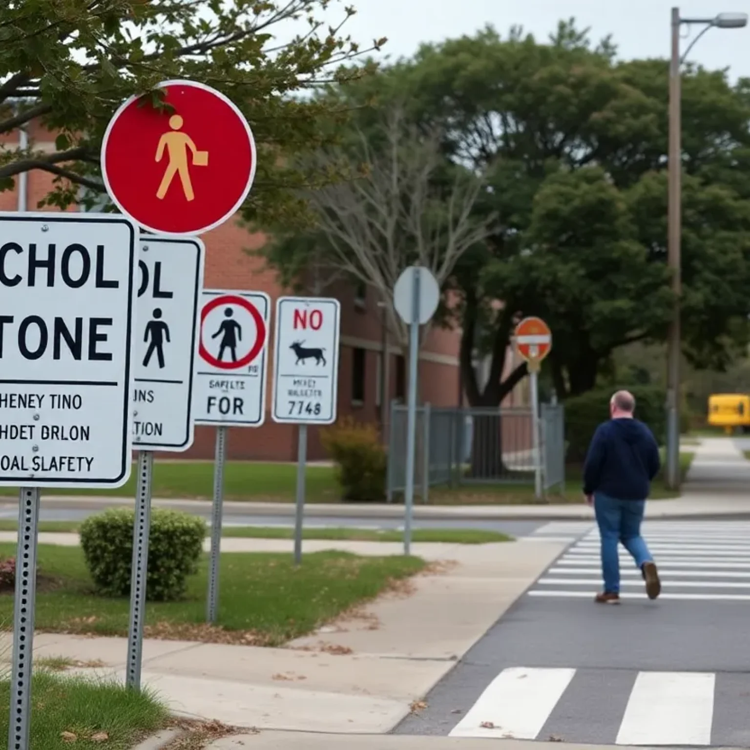 School zone crosswalk with safety signs and trees