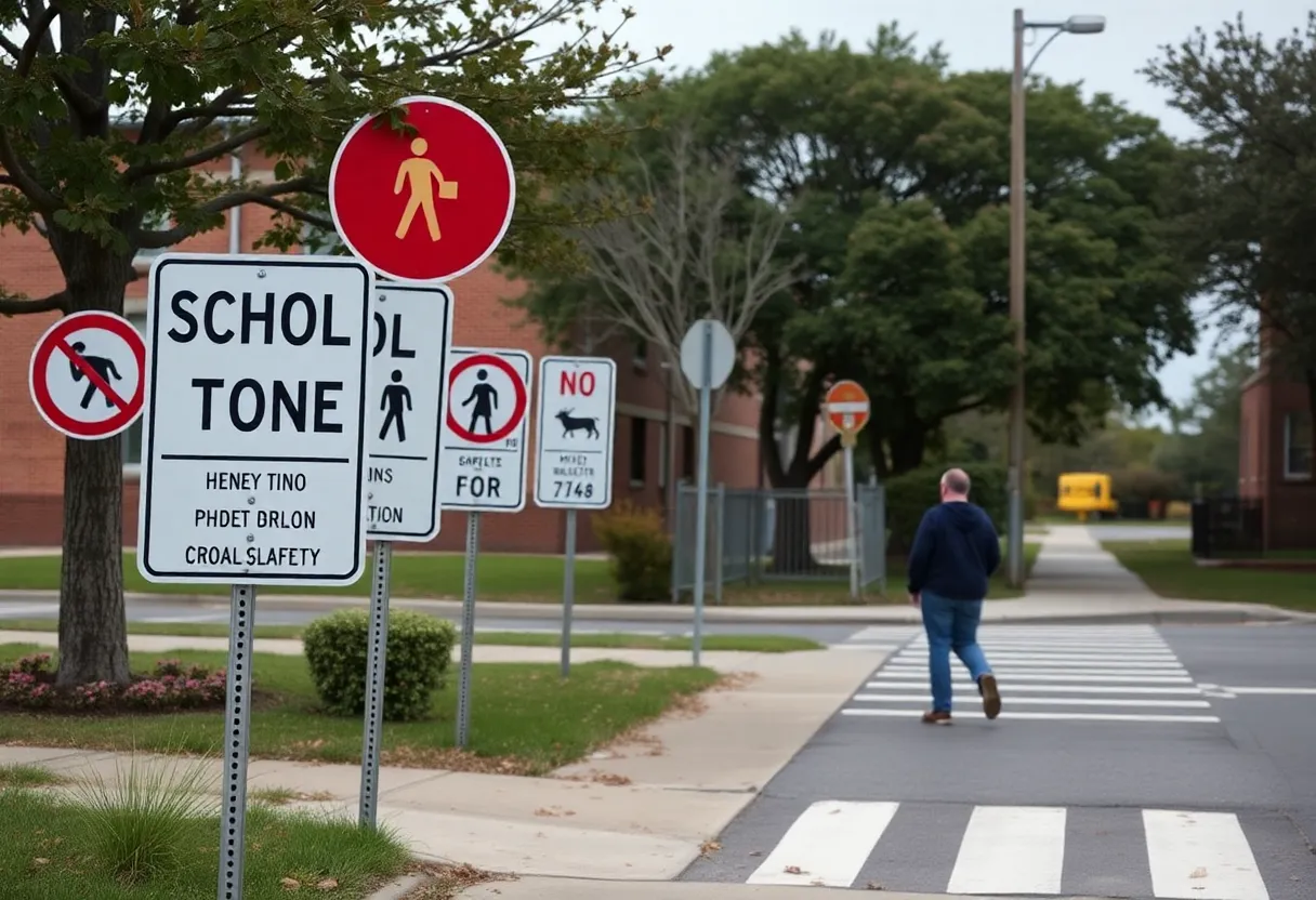 School zone crosswalk with safety signs and trees