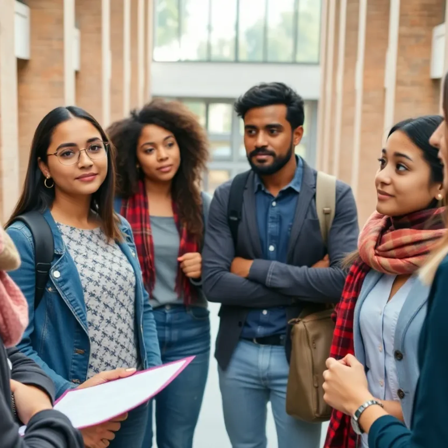 Group of international students discussing support for visa issues in a university setting