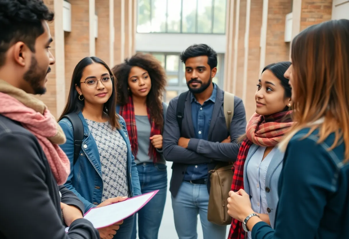 Group of international students discussing support for visa issues in a university setting