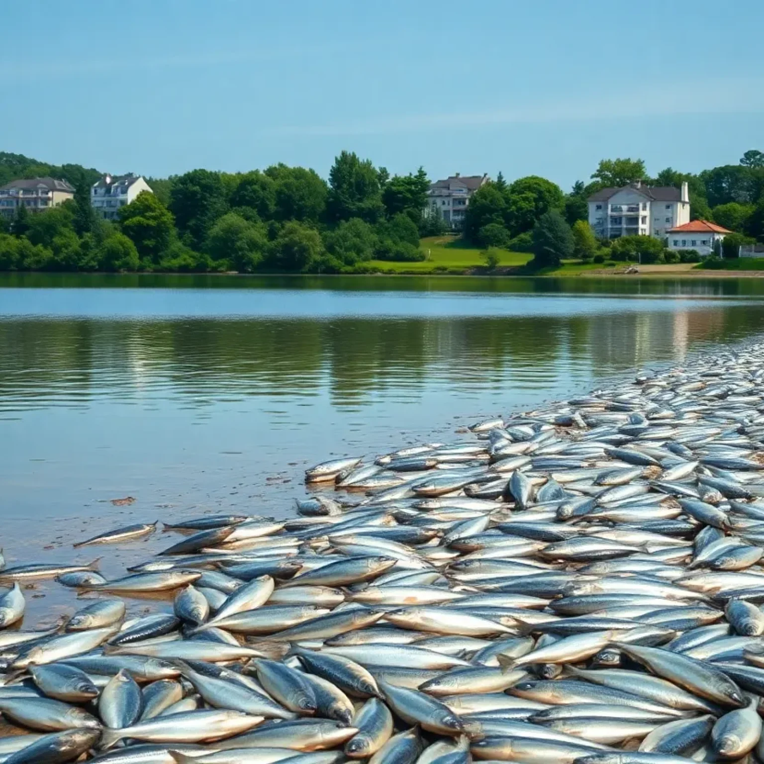 Shoreline of Lake Beauty with dead fish and urban background.