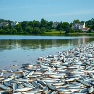 Shoreline of Lake Beauty with dead fish and urban background.