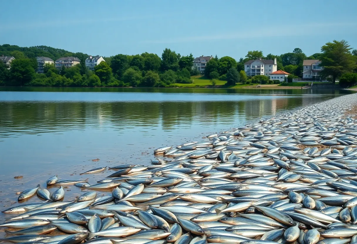 Shoreline of Lake Beauty with dead fish and urban background.