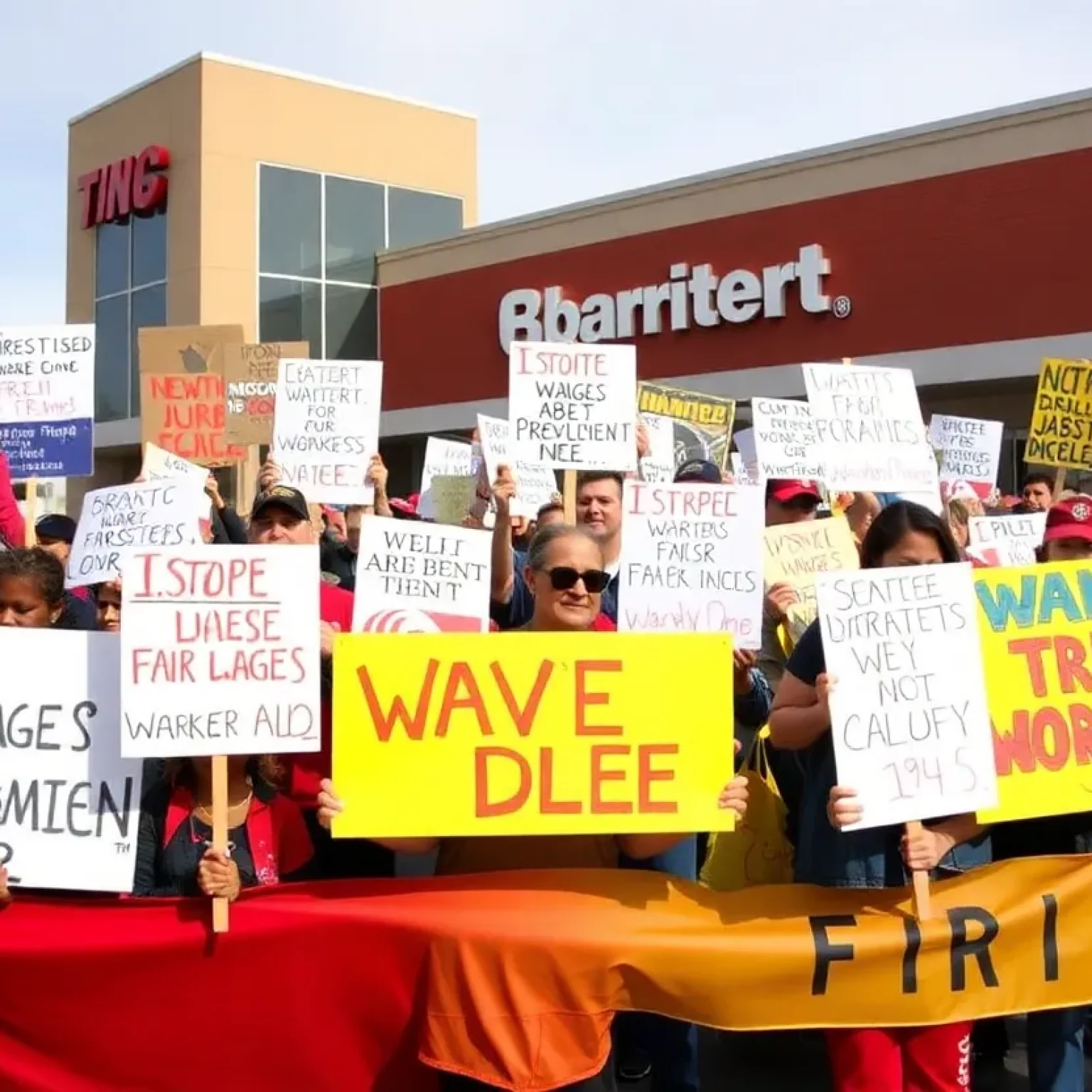 Striking workers outside Lockheed Martin holding protest signs.