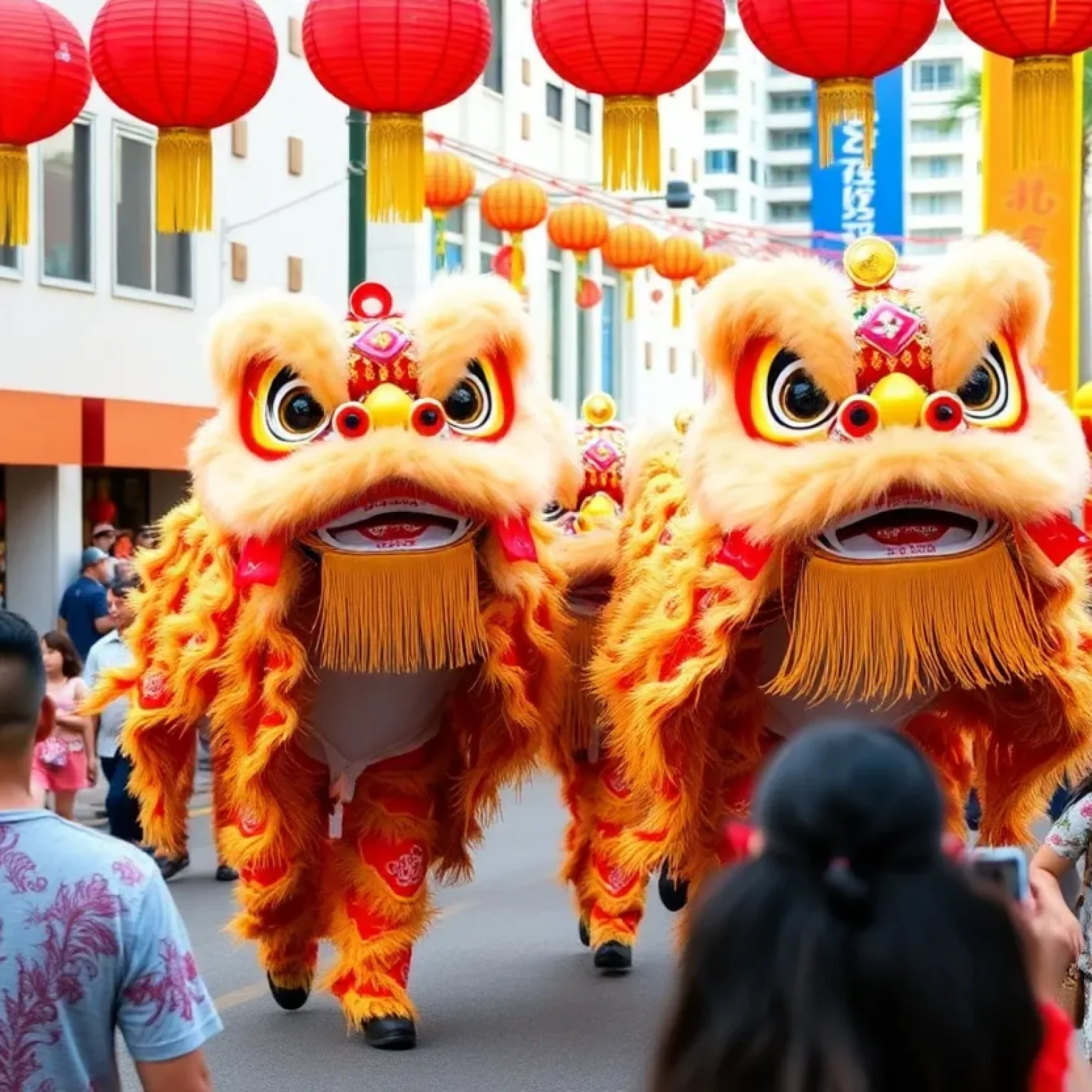 Celebrants at the Lunar New Year festival in Orlando, featuring vibrant decorations and traditional performances.