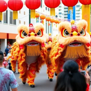 Celebrants at the Lunar New Year festival in Orlando, featuring vibrant decorations and traditional performances.