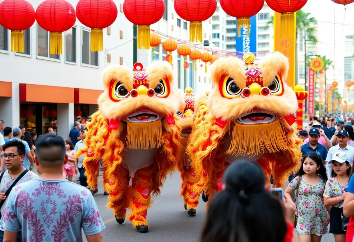Celebrants at the Lunar New Year festival in Orlando, featuring vibrant decorations and traditional performances.