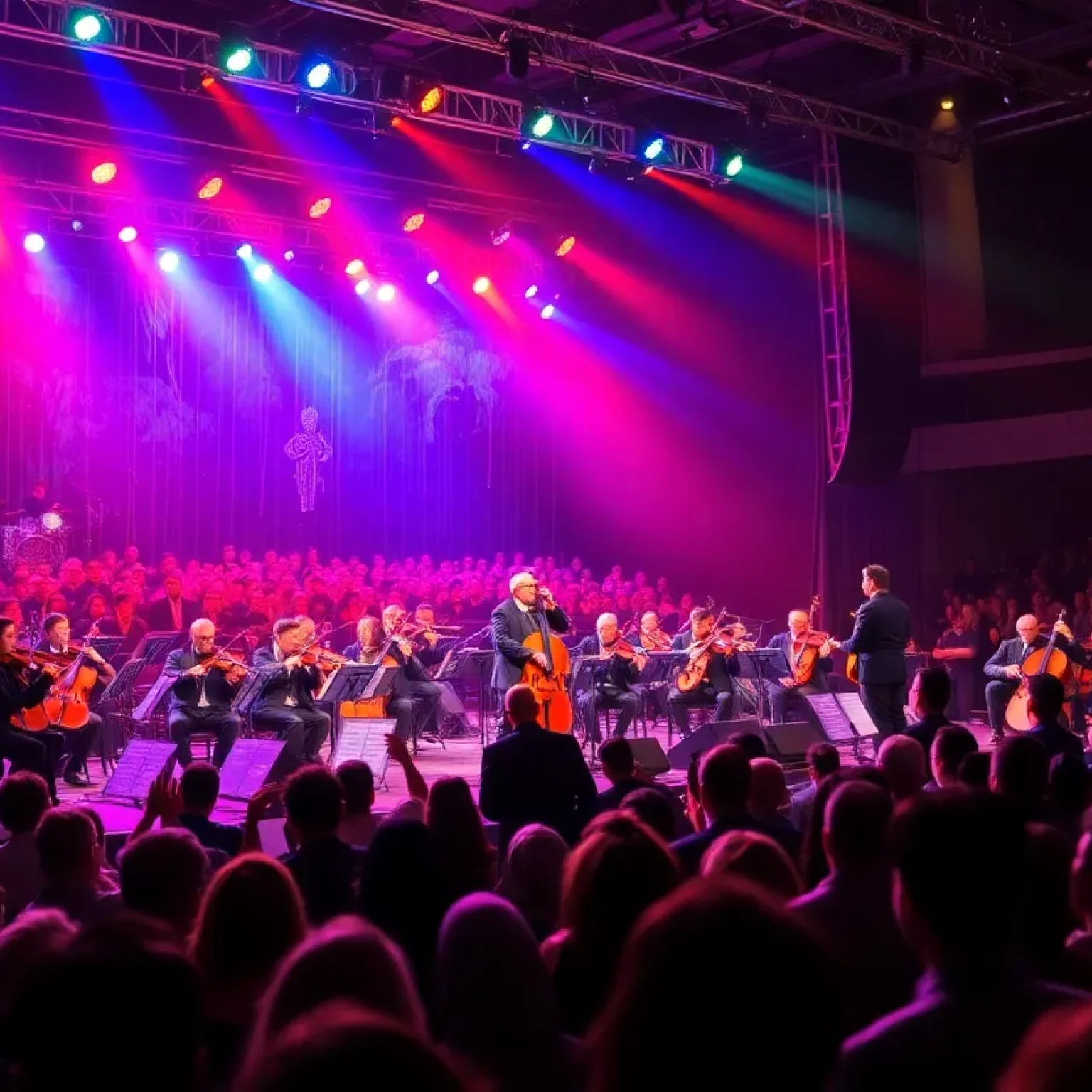Concert audience enjoying a Broadway performance with an orchestra.
