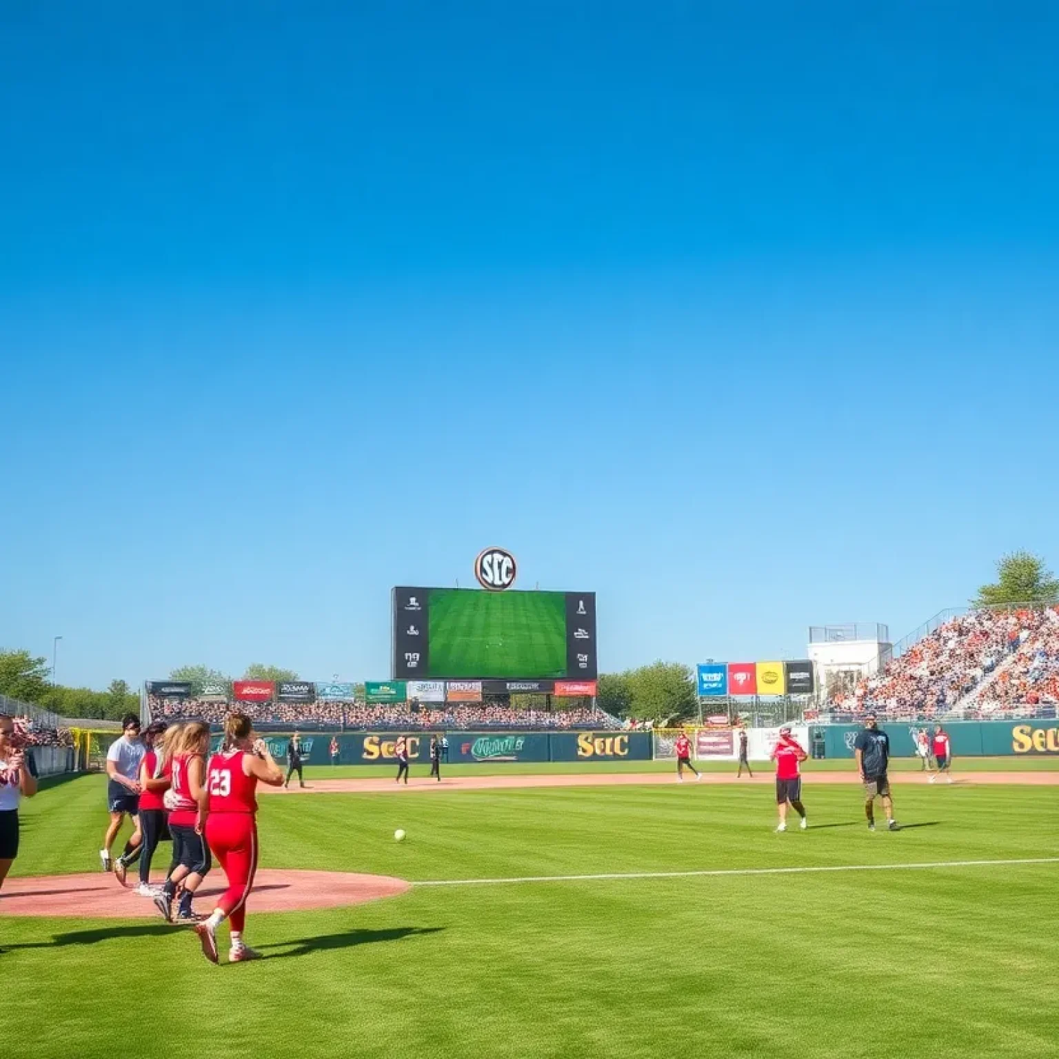 College softball tournament with fans cheering and players in action
