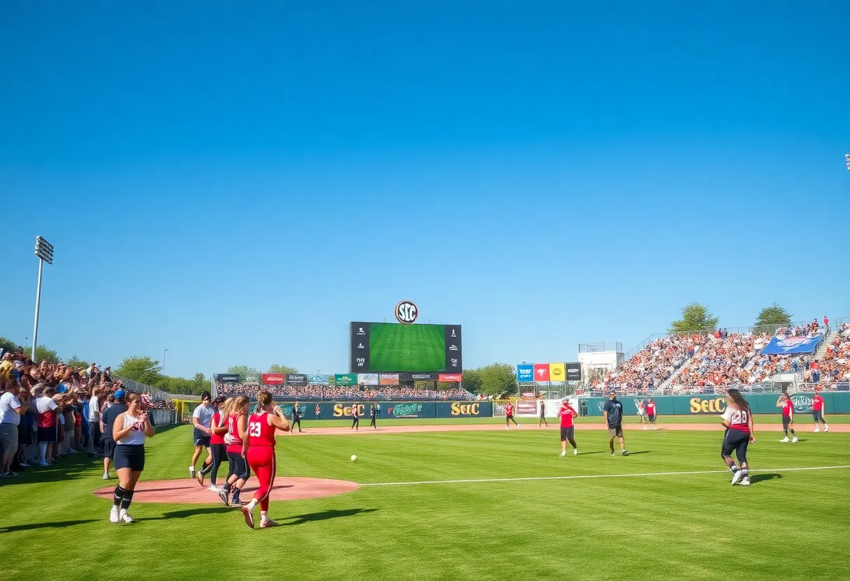 College softball tournament with fans cheering and players in action